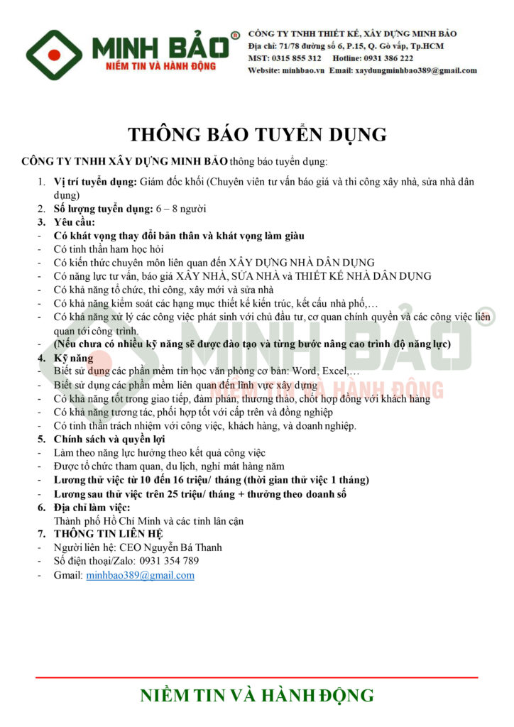 Minh Bảo tuyển dụng nhân sự 2022