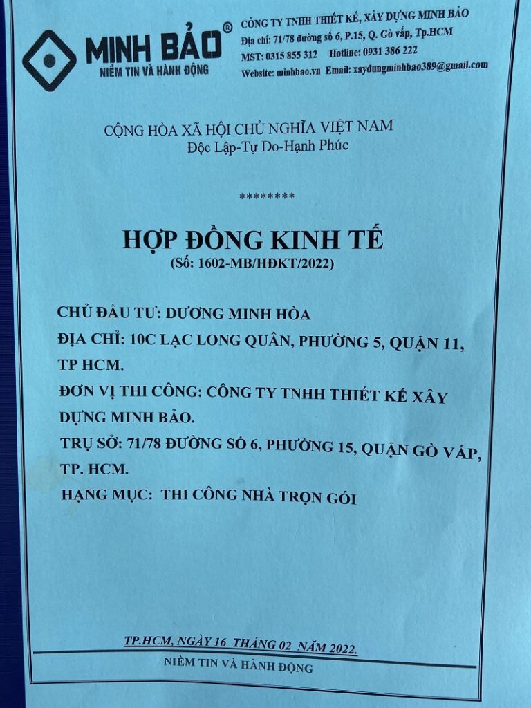 Bản HĐ của Minh bảo với gđ anh Hòa quận 11