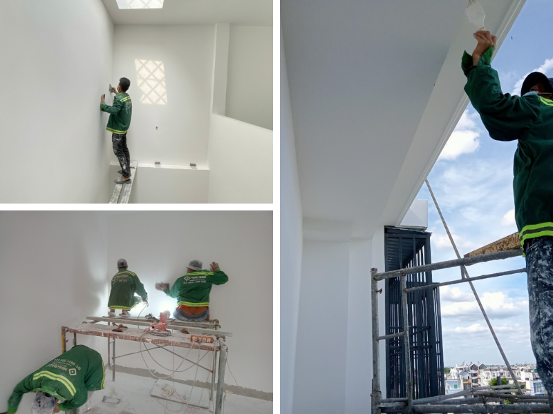 Hình ảnh sơn nước của công nhân Minh bảo tại công trình hoàn thiện căn hộ đã xây thô nhà anh Tài quận 12