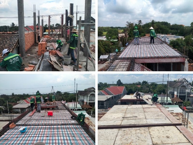 Công tác xây dựng tầng 1 báo gồm xây tường, làm thép