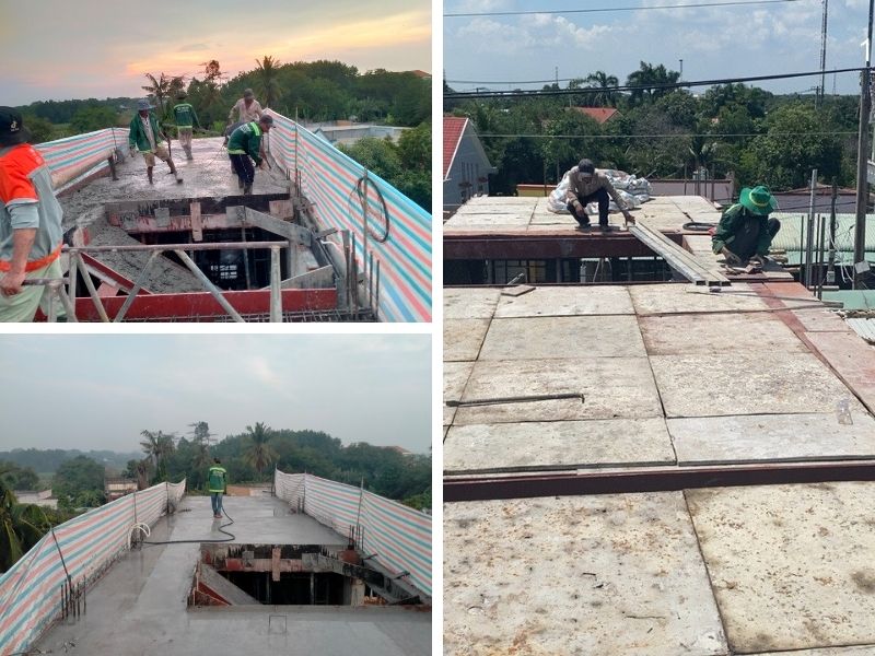 Đổ bê tông và bảo dưỡng bê tông tầng 1