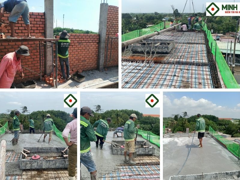 Công tác xây dựng tầng 2 bao gồm xây tường, làm thép sàn, đổ bê tông và bảo dưỡng bê tông nhà chị Dương