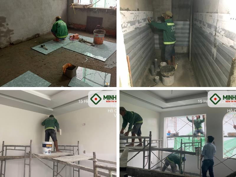 Công nhân Minh bảo đang thi công giai đoạn hoàn thiện công trình nhà anh Sơn tại Tân Phú
