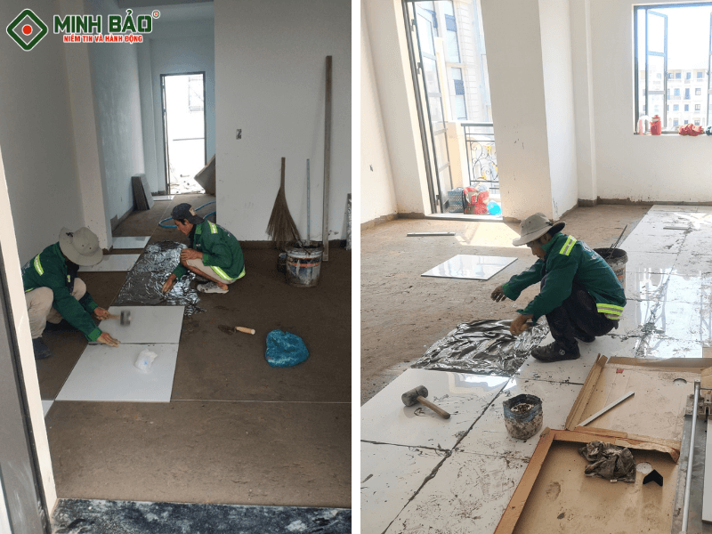 Công nhân Minh Bảo thực hiện công tác ốp lát gạch