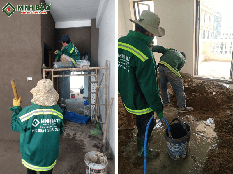Công nhân Minh Bảo thực hiện công tác trát tường láng sàn