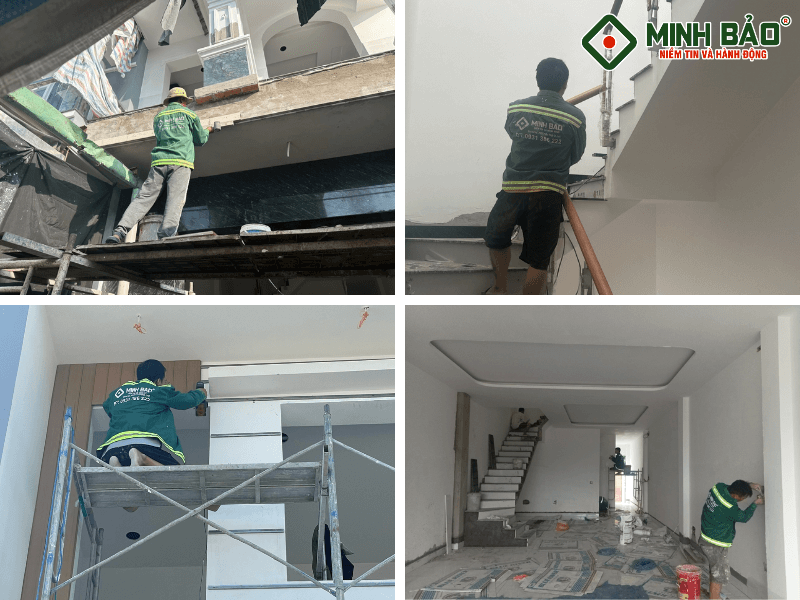 Công nhân Minh Bảo thực hiện thi công phần hoàn thiện nhà