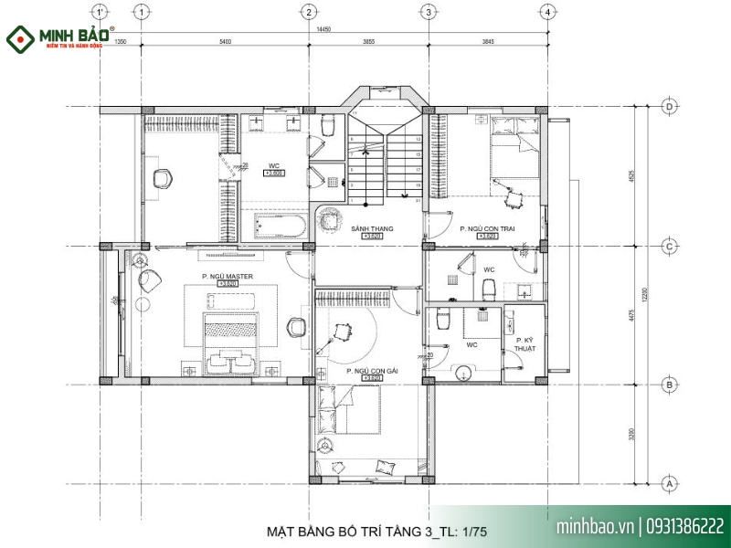 Bố trí mặt bằng tầng 3 - cải tạo biệt thự