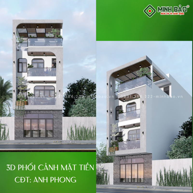 3D phối cảnh công trình thiết kế nhà 4 tầng Biên Hòa