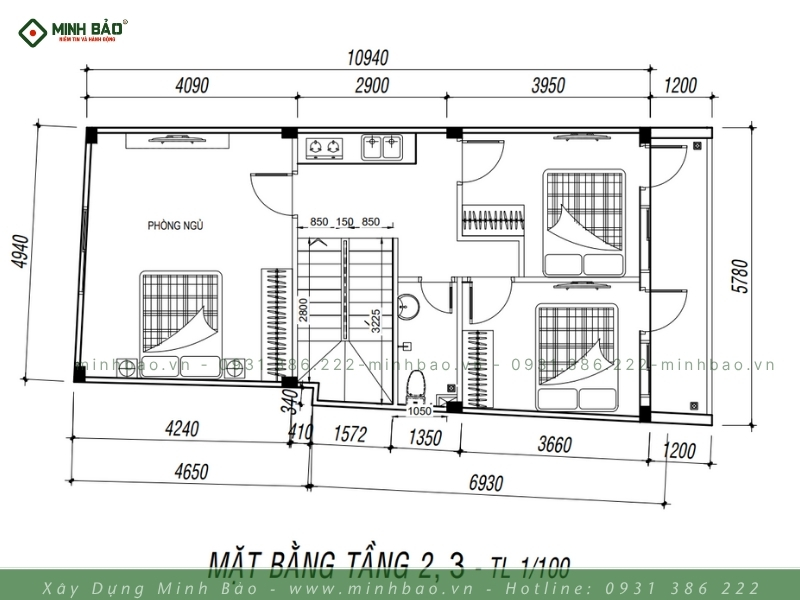 Bố trí mặt bằng tầng 2 và tầng 3 | Thiết kế nhà 4 tầng tại Tân Phú