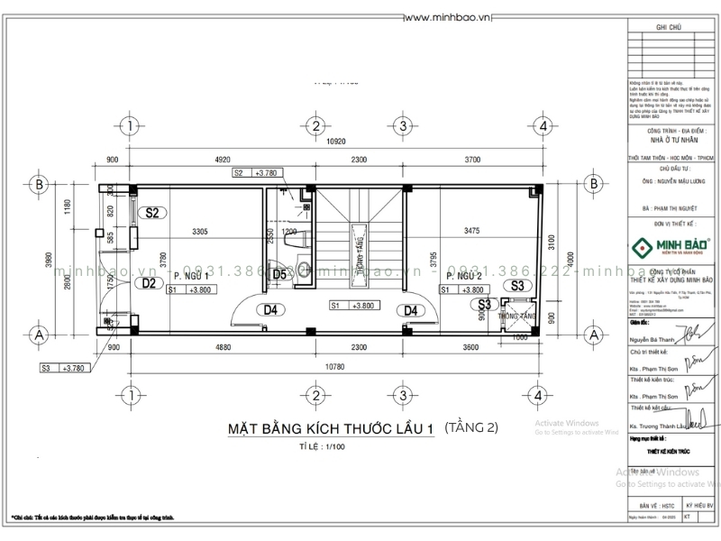 Mặt bằng kích thước tầng 2 - thiết kế nhà 4 tầng Hóc Môn