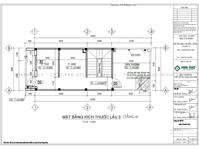Mặt bằng kích thước tầng 4 - thiết kế nhà 4 tầng Hóc Môn