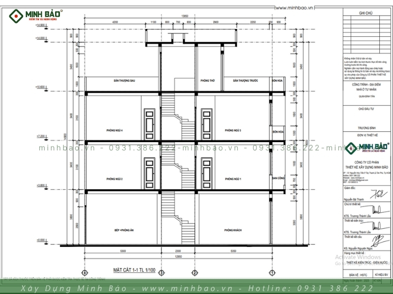 Mặt cắt thiết kế nhà 3 tầng Bình Tân