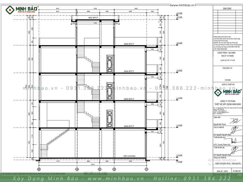 Mặt cắt thiết kế nhà 4 tầng tum Gò Vấp