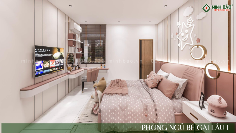 Phòng ngủ bé gái tone hồng pastel dễ hàng
