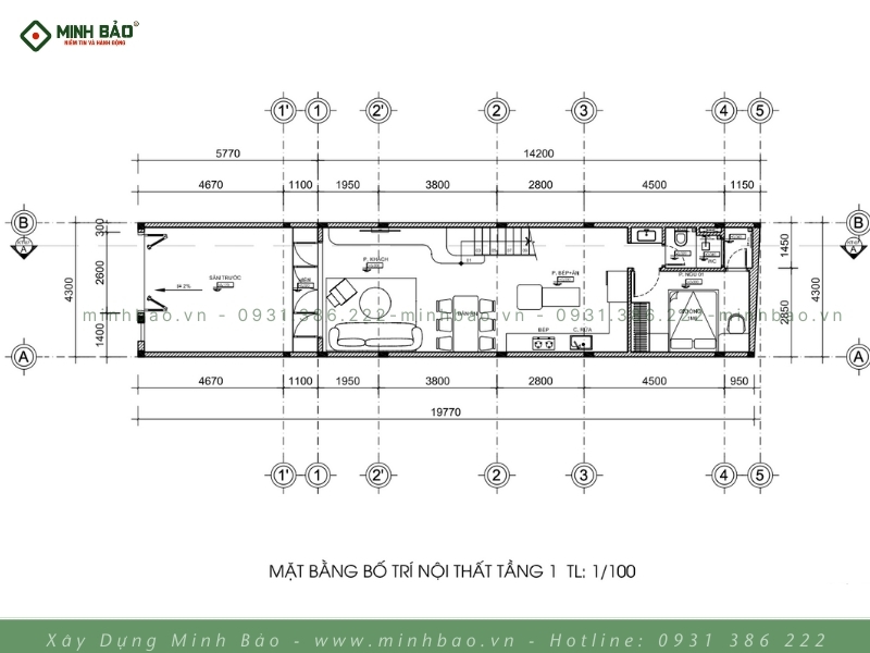 Bố trí mặt bằng tầng 1 mẫu thiết kế nhà 2 tầng hiện đại