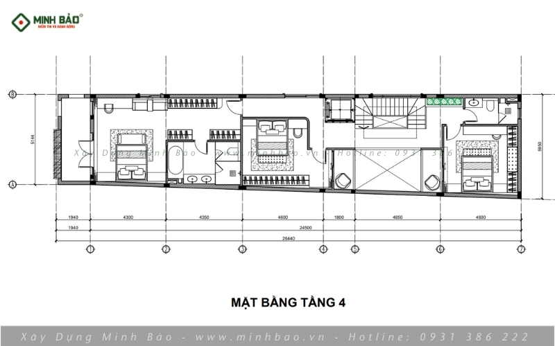 Bố trí mặt bằng tầng 4 - Thiết kế nhà 5 tầng 136m2