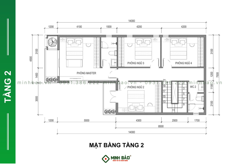 Mặt bằng tầng 2 - thiết kế nhà 2 tầng chữ L