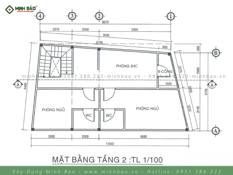 Mặt bằng tầng 2 - thiết kế nhà 2 tầng trên đất xéo