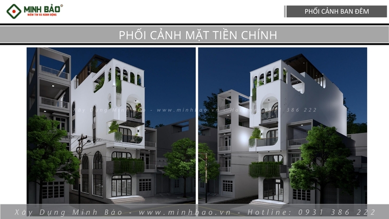 Phối cảnh mặt tiền ban đêm - Thiết kế nhà 5 tầng 136m2