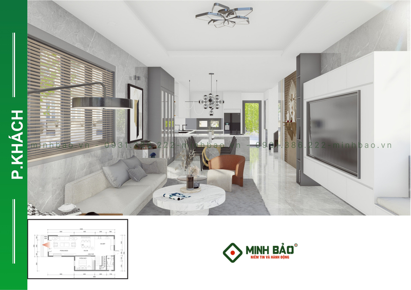 Tổng quan phòng khách - thiết kế nhà 2 tầng chứ L